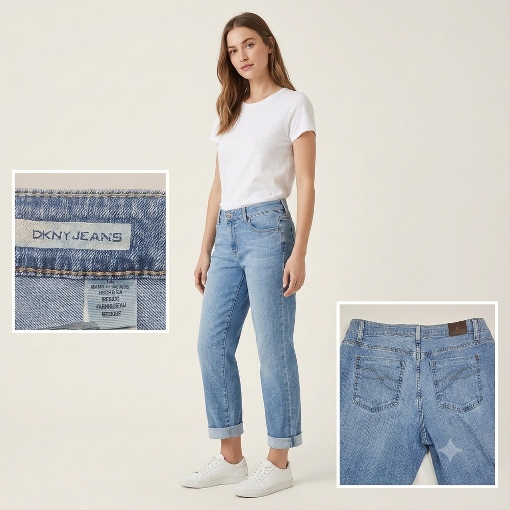 DKNY Jeans Soho Straight Leg Women 12 Blue Cuffed Mid Rise Denim